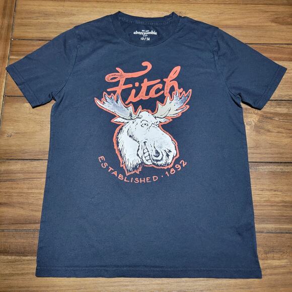 Abercrombie Kids Black Tee "Fitch" Moose - Size 13/14 - Picture 1 of 5